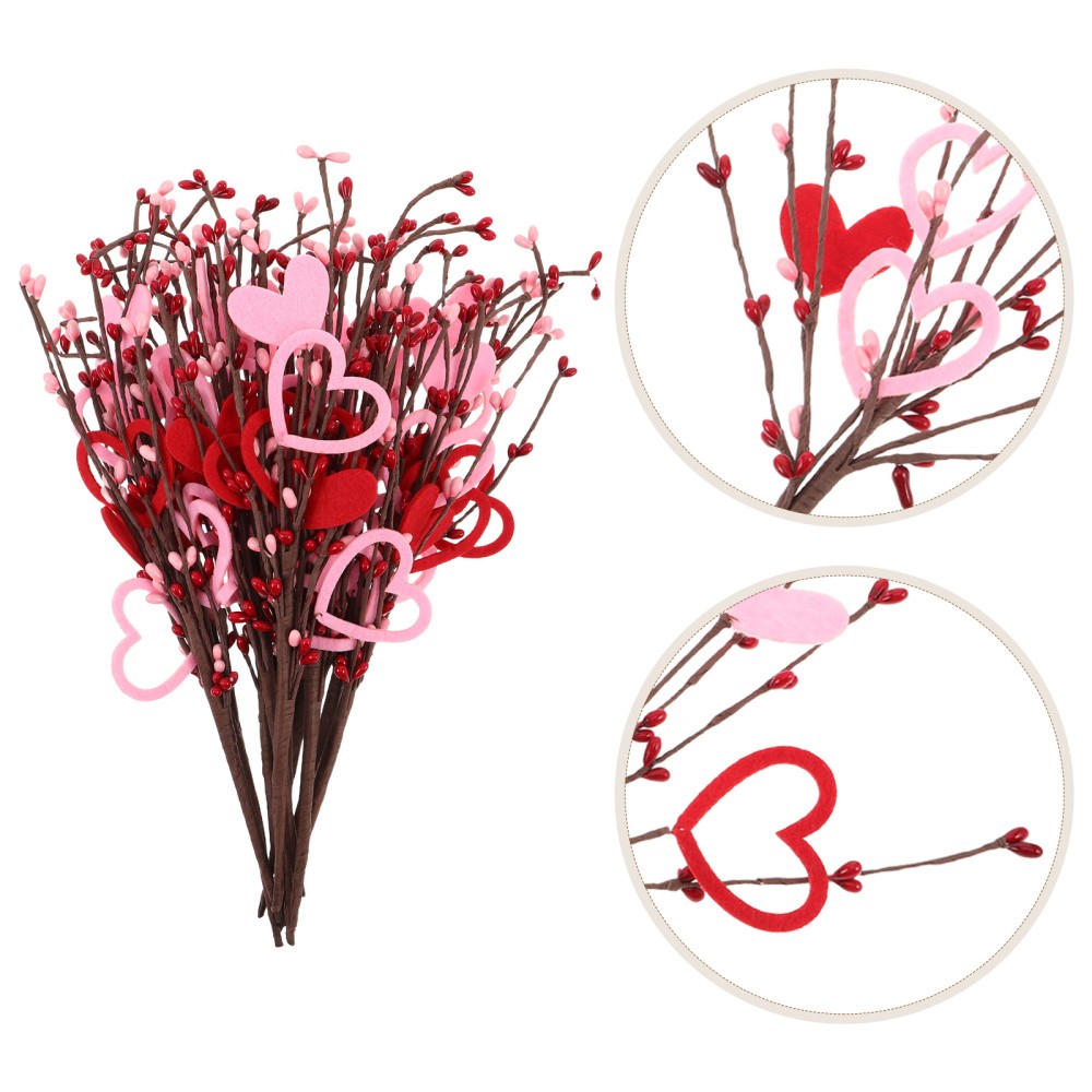 10Pcs Romantic Heart Shaped Artificial Berry Stem Picks for Valentine Decor
