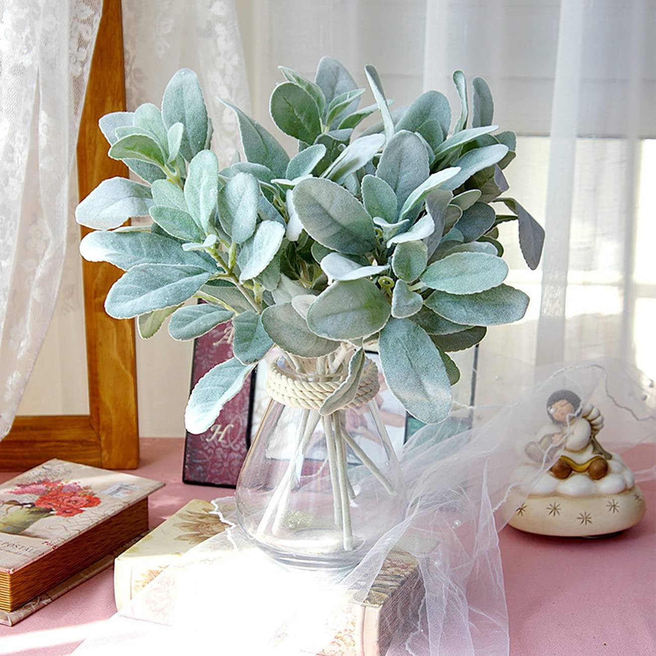 Tinsow Artificial Flocked Lambs Ear Leaves Dusty Miller Stems Flocked Oak Leaves