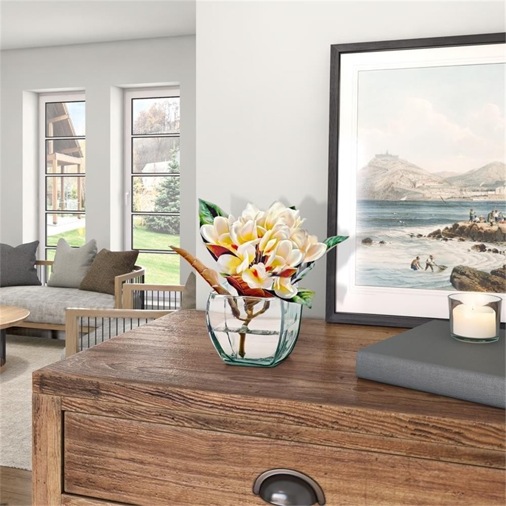Pemberly Row Contemporary Cream Frangipani in Glass Cube with Acrylic Water