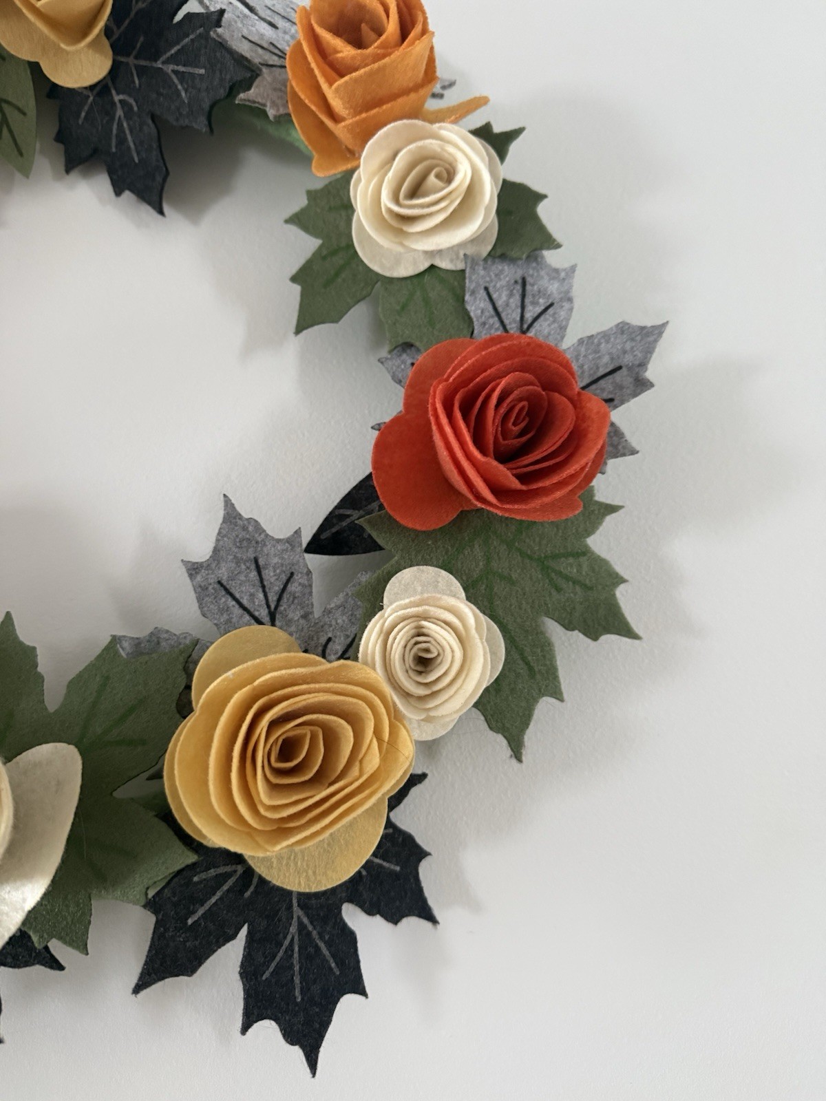 Handmade Felt Roses & Leaves Wreath Approx 18” Round Orange Yellow Peach Greens