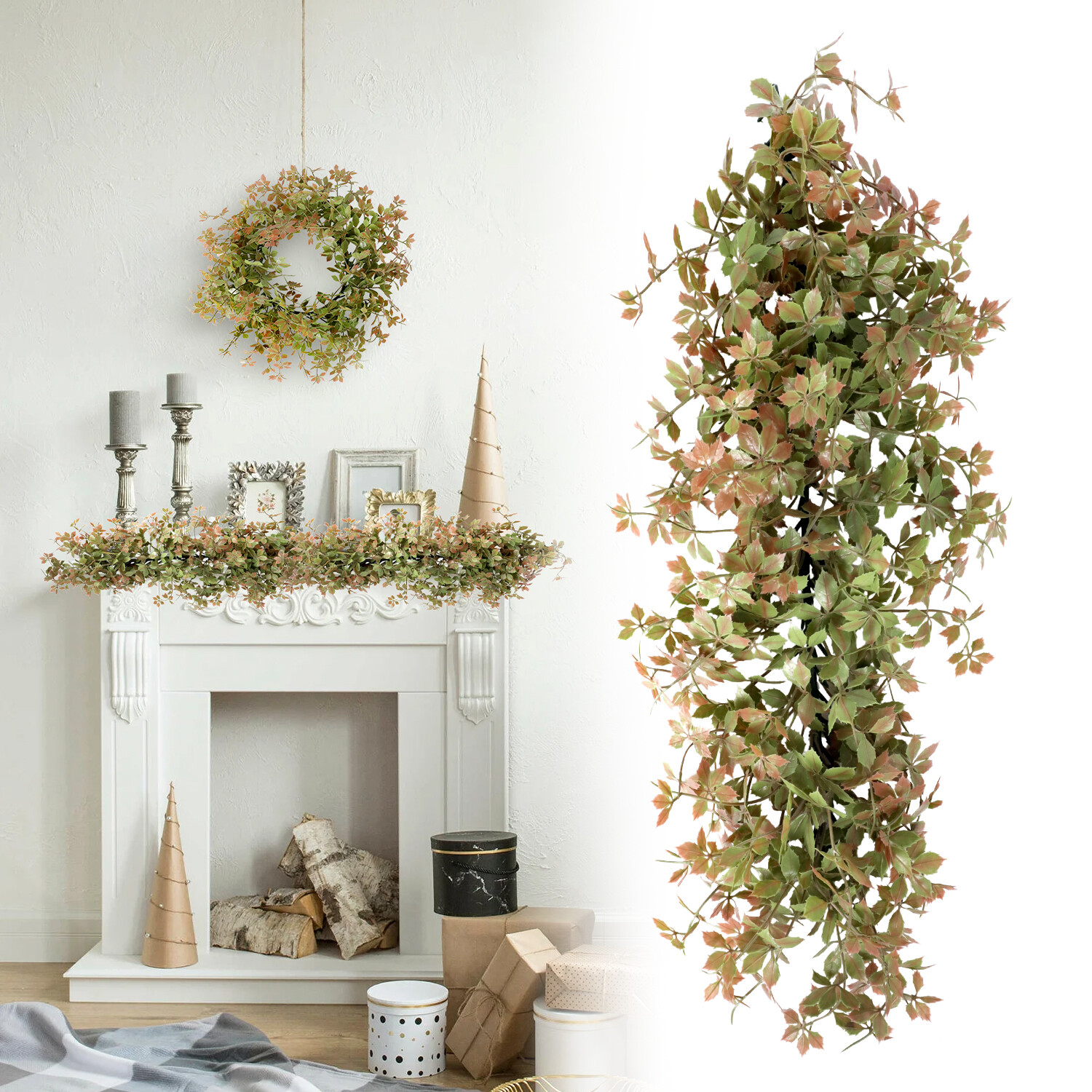 Patio Artificial Hanging Garland Faux Ivy Leaves Plants Vines, Green With Pink
