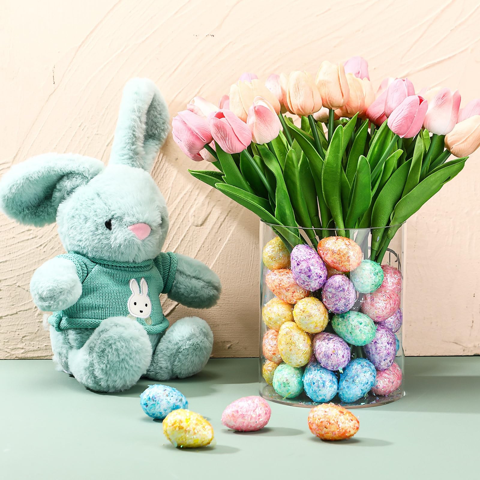 72 Pcs Easter Decor, 36 Pink Speckled Eggs, 36 Multicolor Fake Tulips, Spring