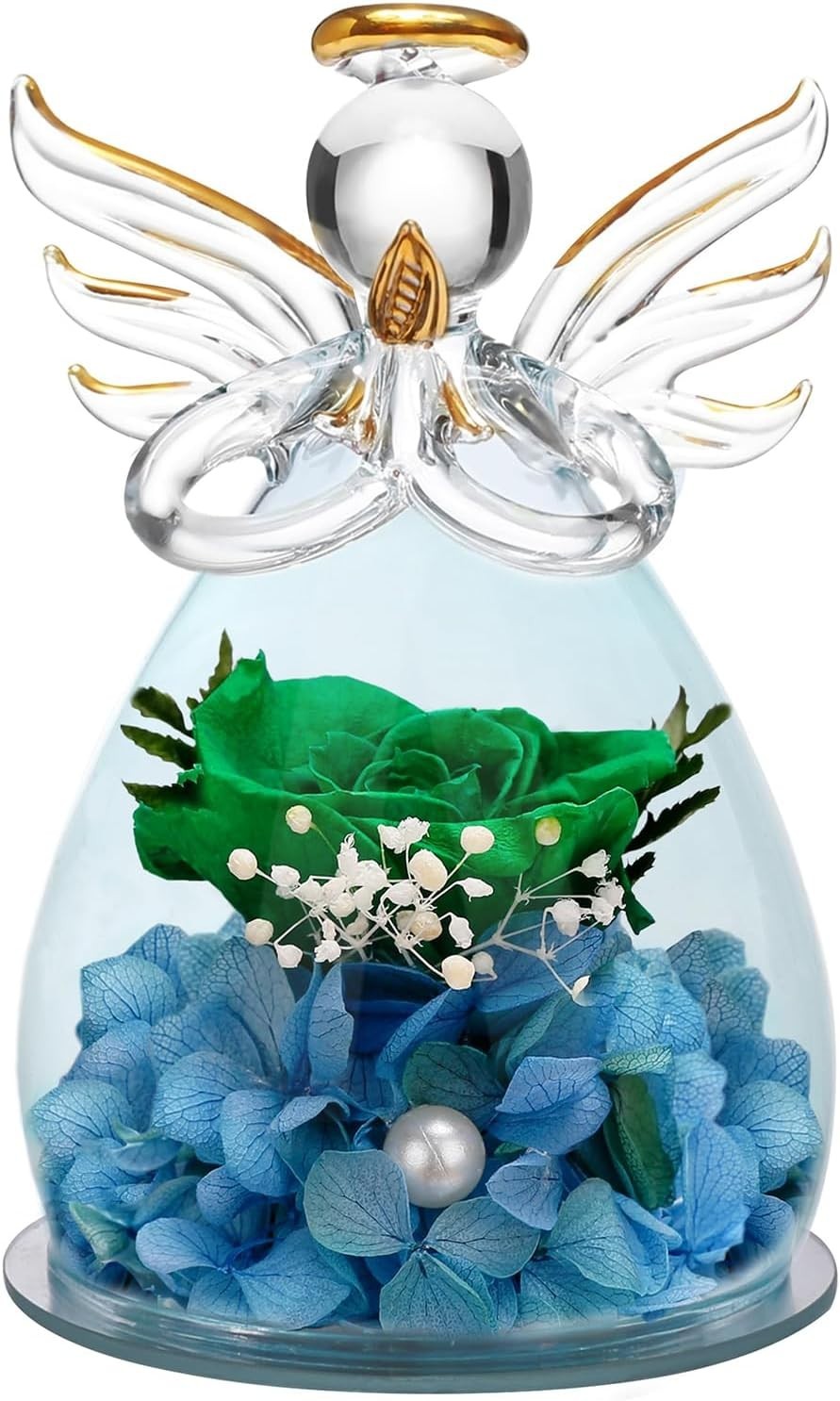 Borosilicate Glass Angel Figurine with Lasting Green Rose – Ideal Home Decor