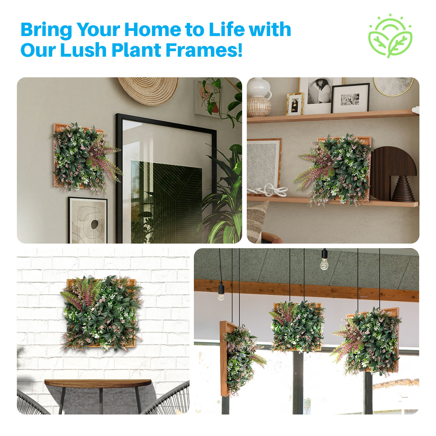 Artificial Plants Green Wall Decor with Square Wooden Frame 12in, Dark Green