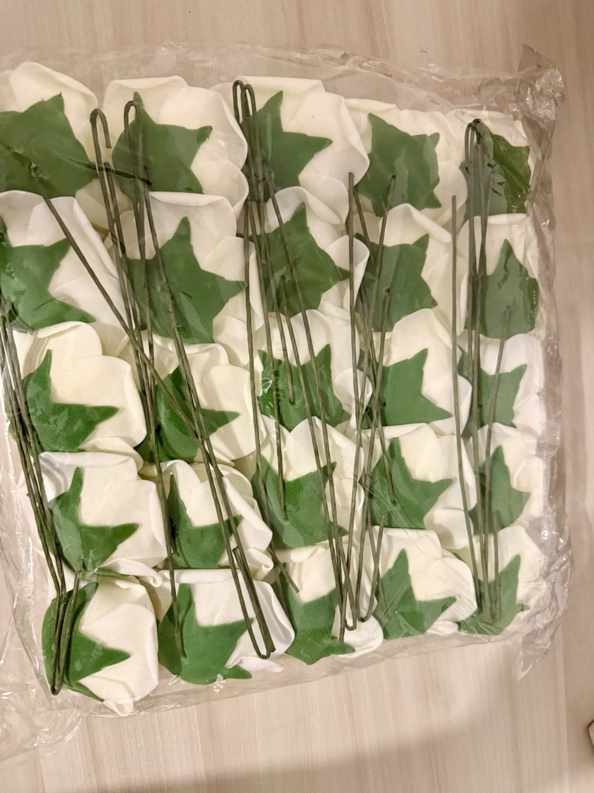 25 White Faux Rose Flowers With Wire Stems, Foam Material