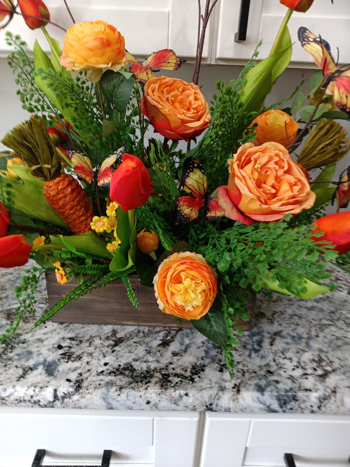 spring, floral arrangements, wooden box tulips roses, butterflies, decor