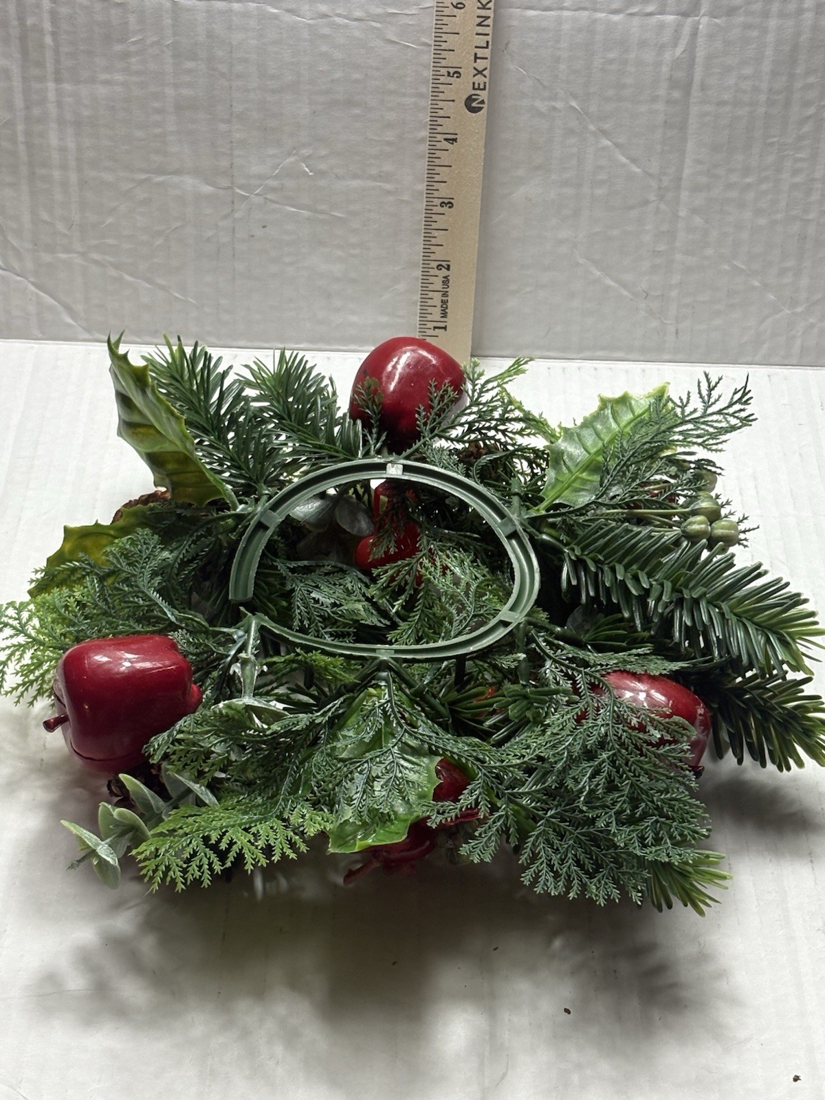 Christmas Candle Ring Wreath Faux Pine Apples Berries Centerpiece Decor