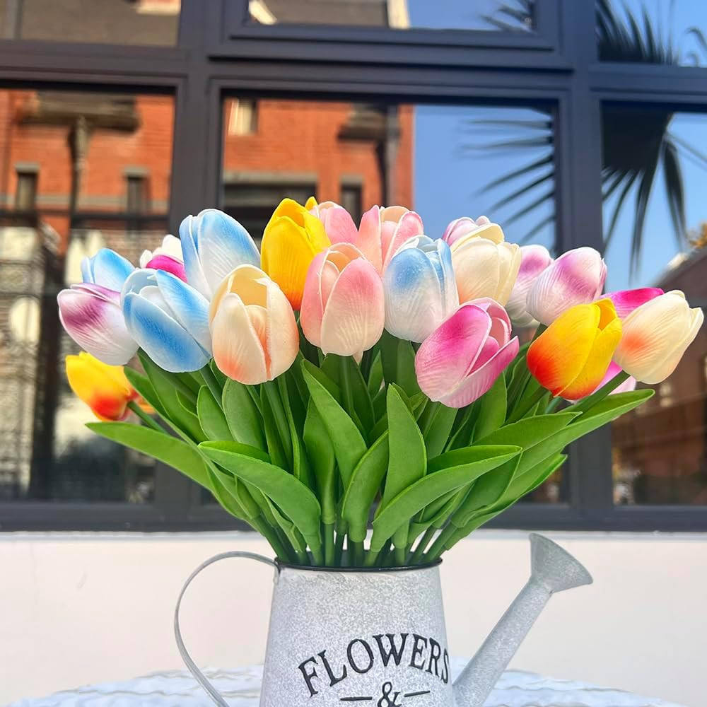 24PCS PU Artificial Tulips Fake Flowers for Wedding Bouquets Real Touch Latex T