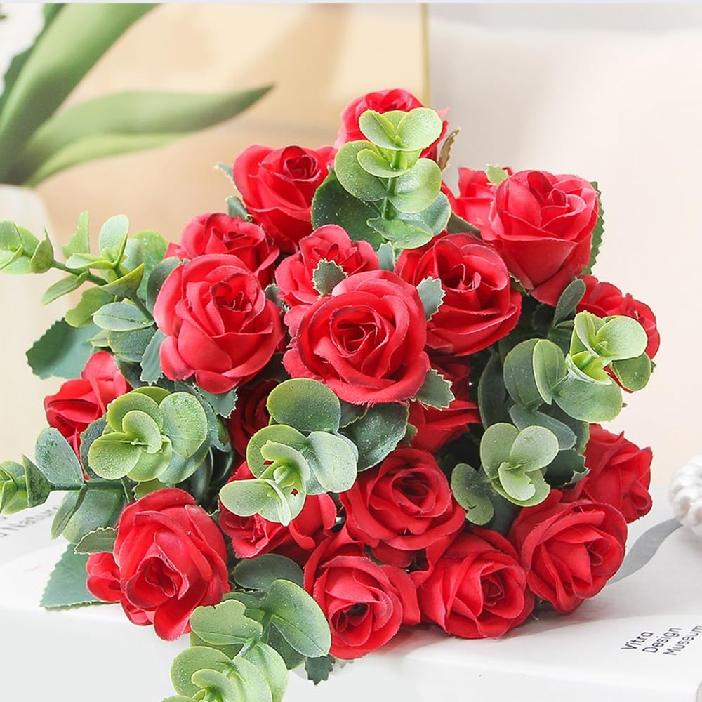 5 PCS Red Real Touch Artificial Rose Flowers Fake Bouquet for Home Office