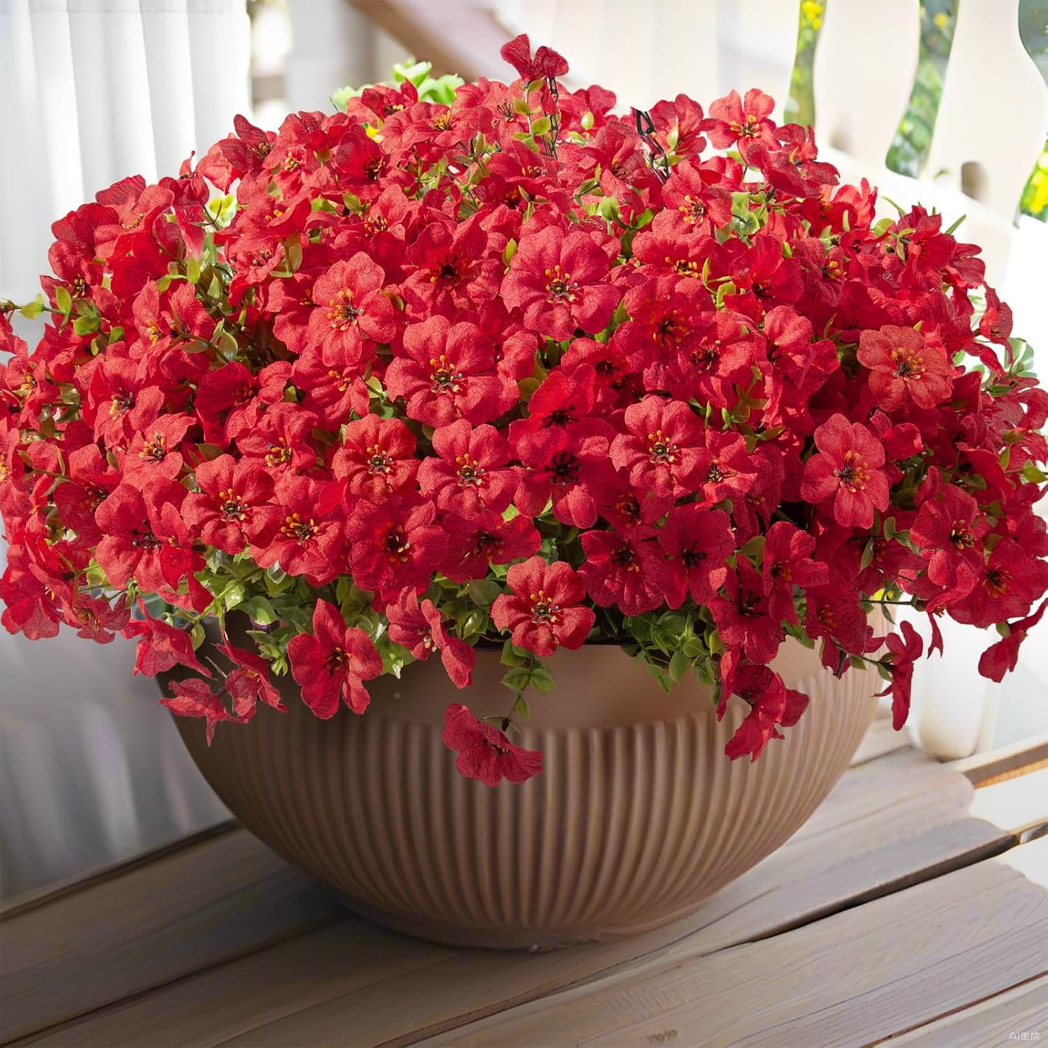 24 Pcs Red Artificial Flowers in Hanging Baskets for Outdoor Decor – 2 Pack
