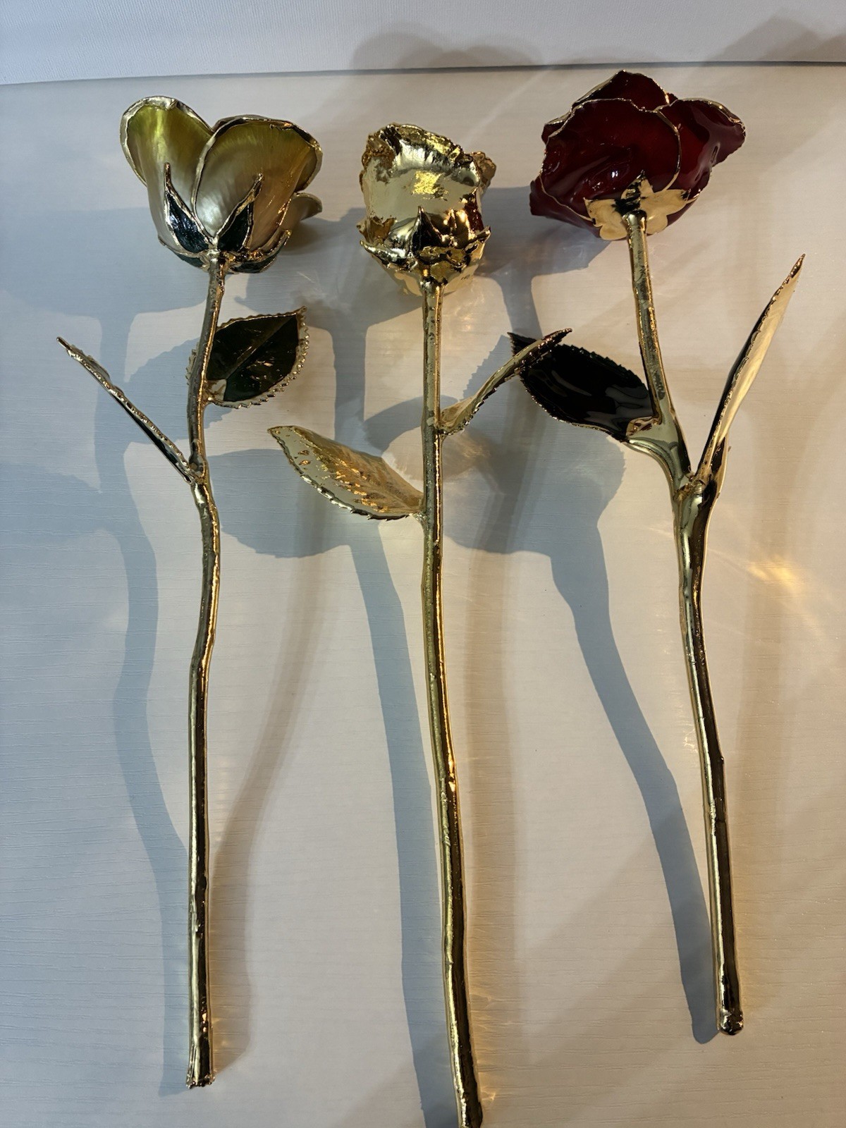 Lot of 3 Metal Artificial Rose Flower Stems, Gold Tone, Red Rosebuds Decor