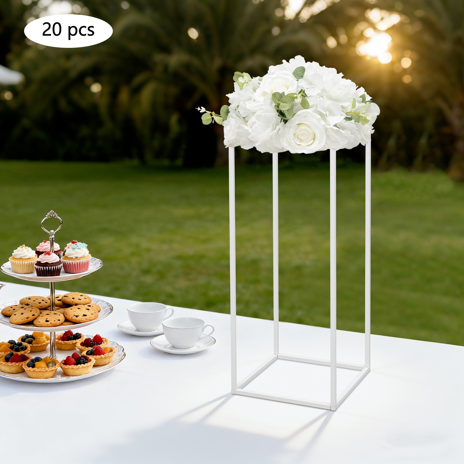 20Pcs Gold White Wedding Flower Stands, Rectangular Floral Table Decorations