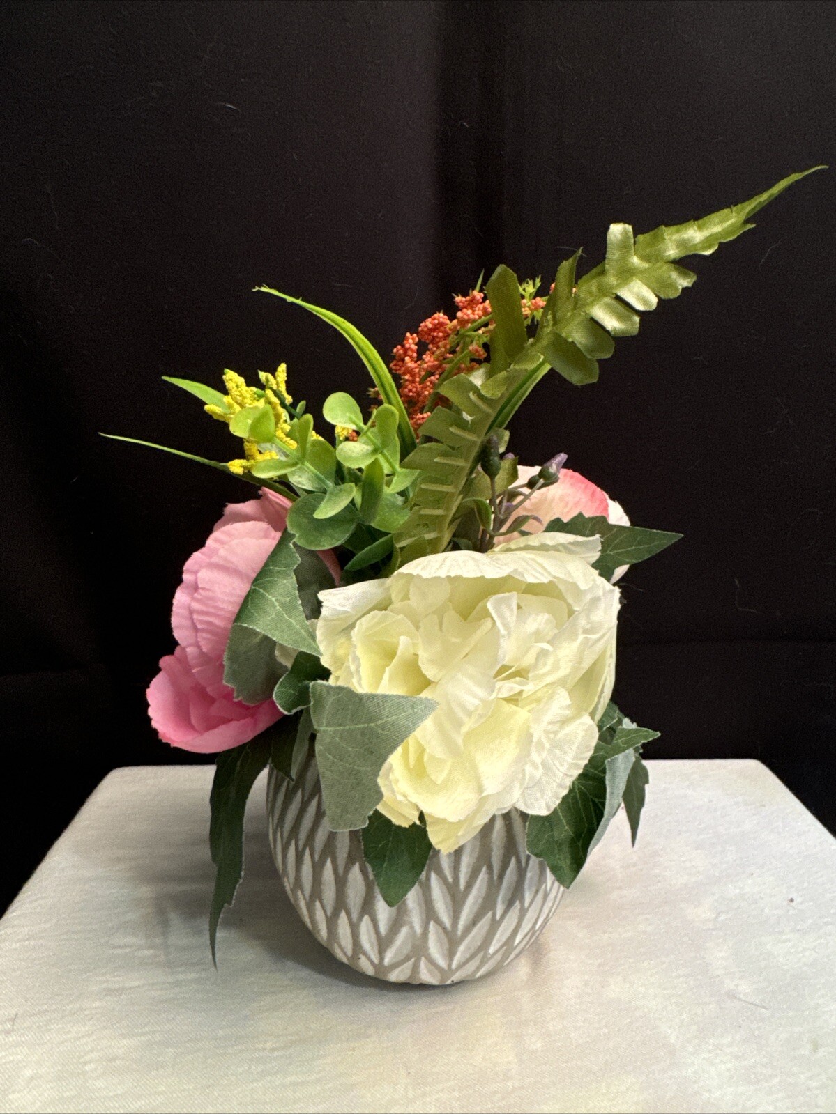 Silk Floral Arrangement Pink Flowers and Green Succulent in a Asian Ginger Jar