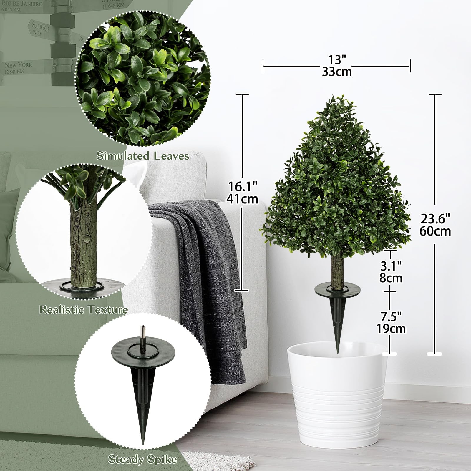 Faux Boxwood Topiary Shrub with Ground Spike, 23.6in Artificial Topiary Trees…