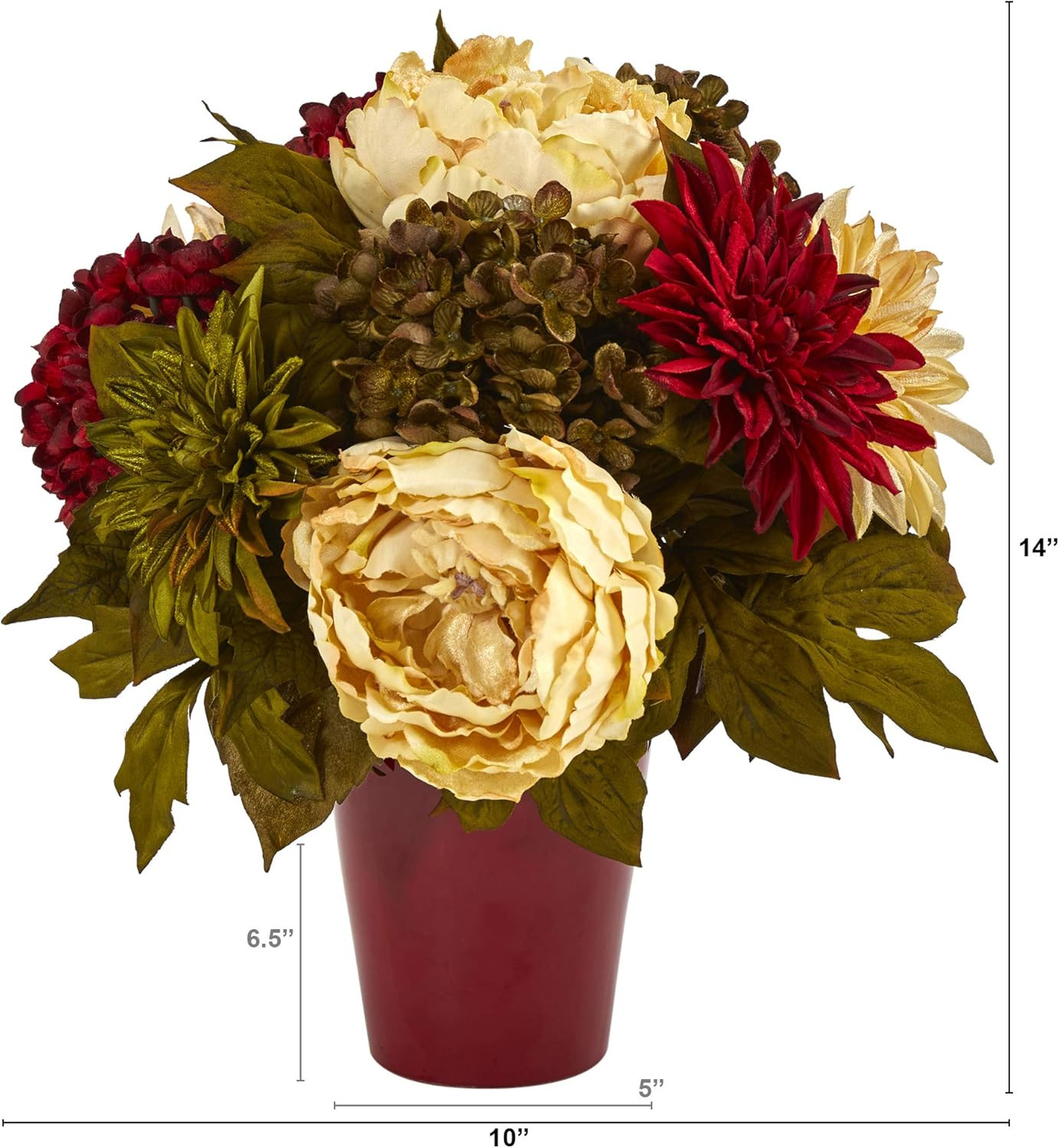 Burgundy Vase with 14″ Peony, Hydrangea & Dahlia Artificial Floral Arrangement