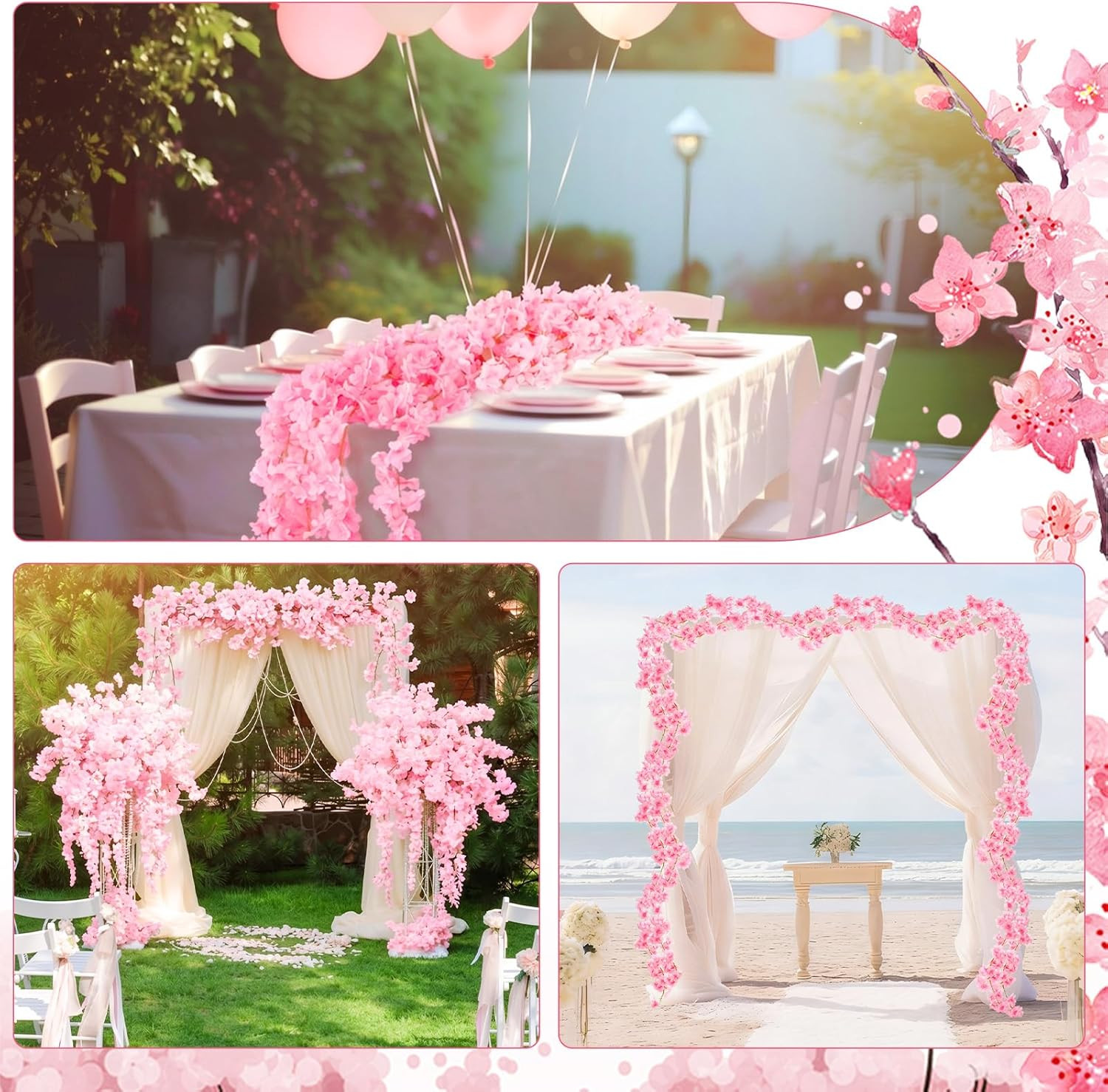 8 PCS 47.2Ft Artificial Cherry Blossom Garland Pink Sakura Flower Vines Hanging