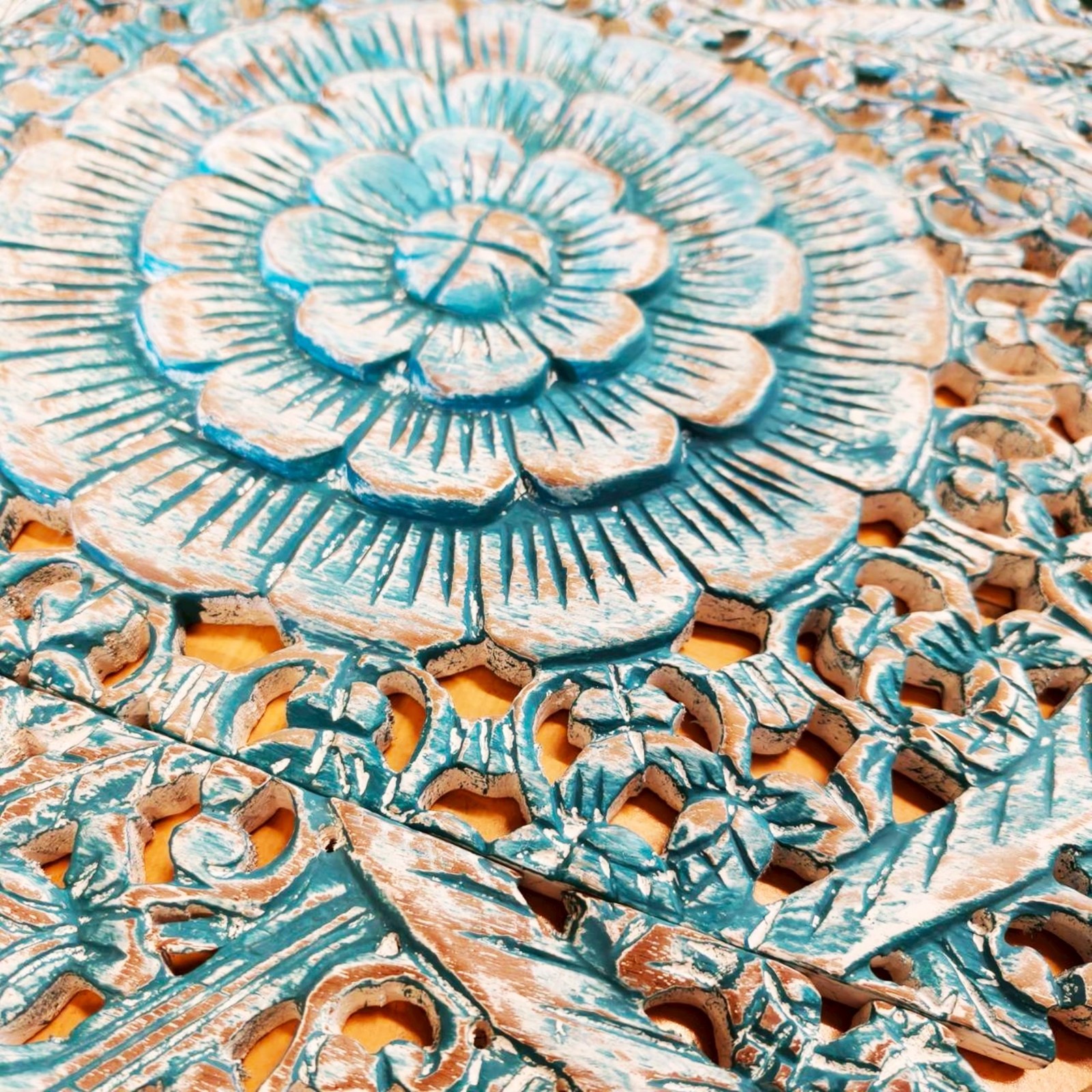 36″ Turquoise Wood Mandala Wall Art Teal White Wash Carved 3-Piece Bohemian #G
