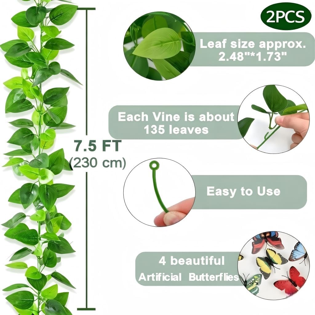 2Pcs Fake Vines with Faux Pothos Leaves, Artificial Ivy Garland Fake Plants