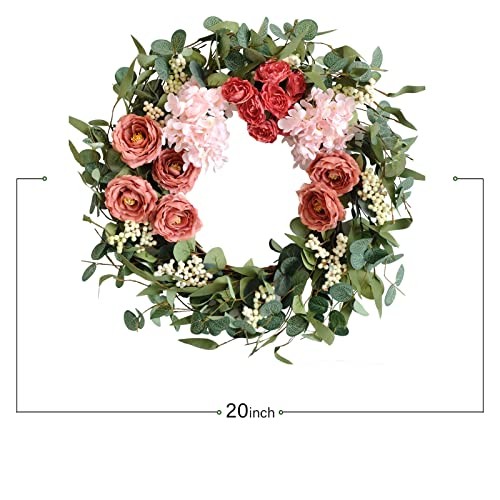 20 inches Artificial Pink Peony Wreath for Front Door Wreath with Hydrangea