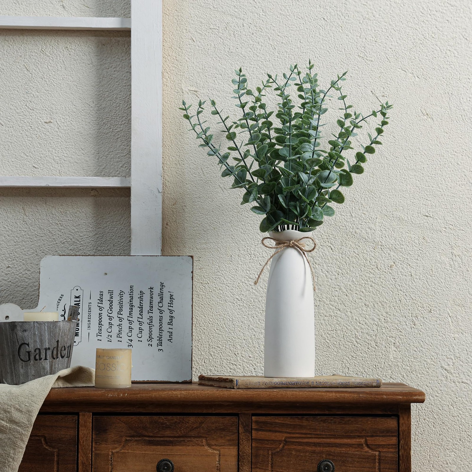 Vase with Greenery, 20pcs Artificial EucalyptusStems in White Vase, Boho Home…