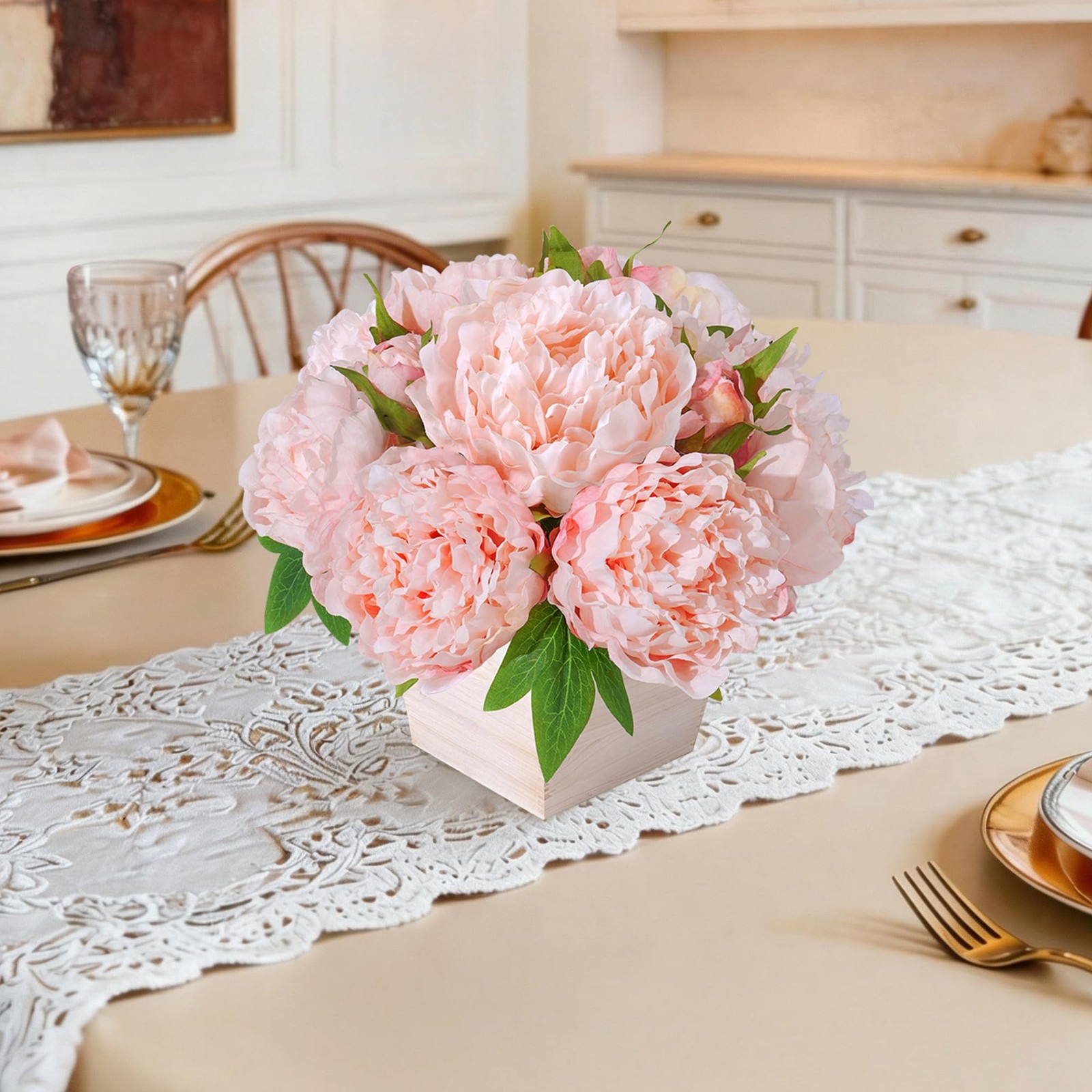 12 PCS Light Pink Artificial Peony Flowers Wood Planter Faux Silk Centerpiece
