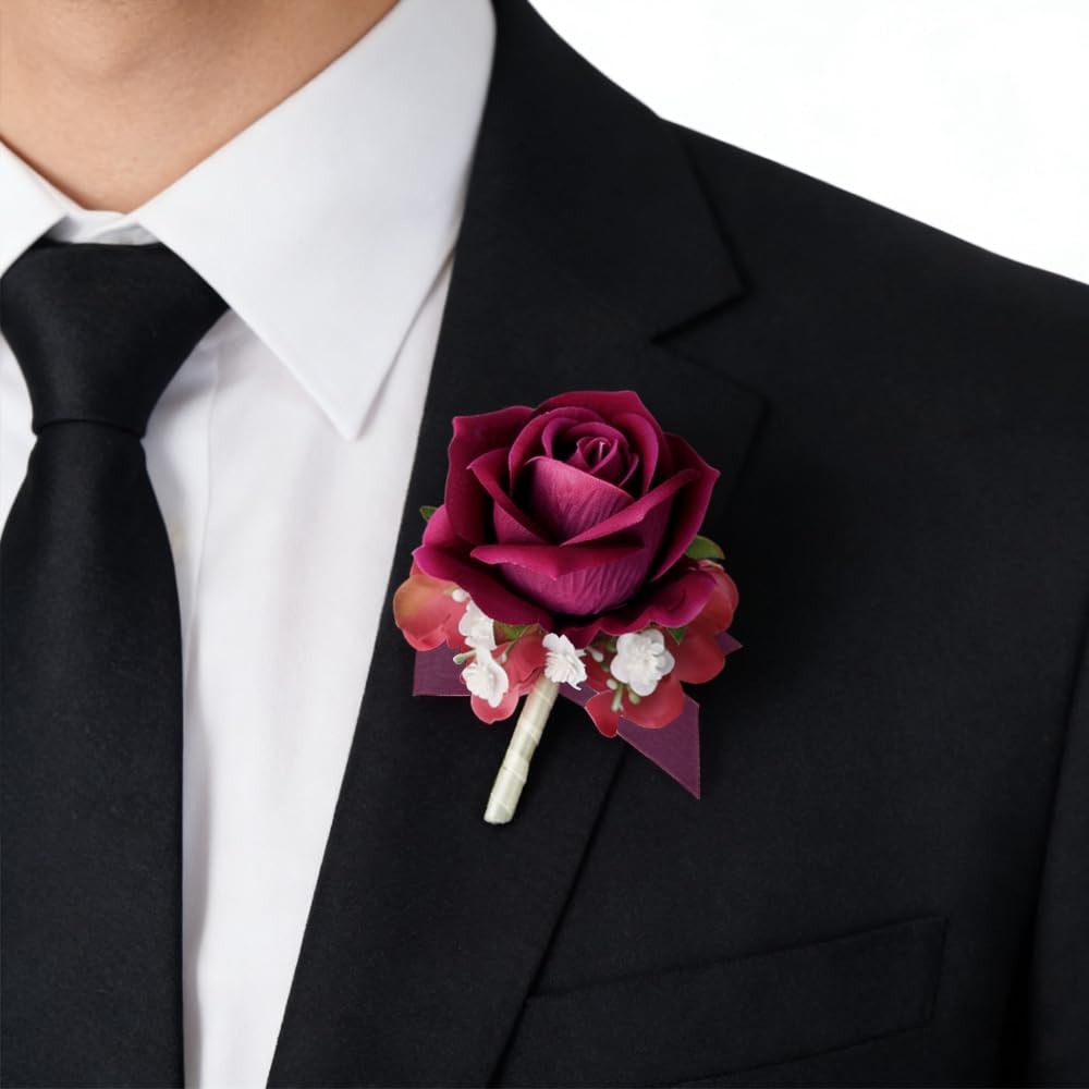 Deep Fuchsia Rose Wrist Corsage Wristlet Boutonniere Set Wedding Prom Flower