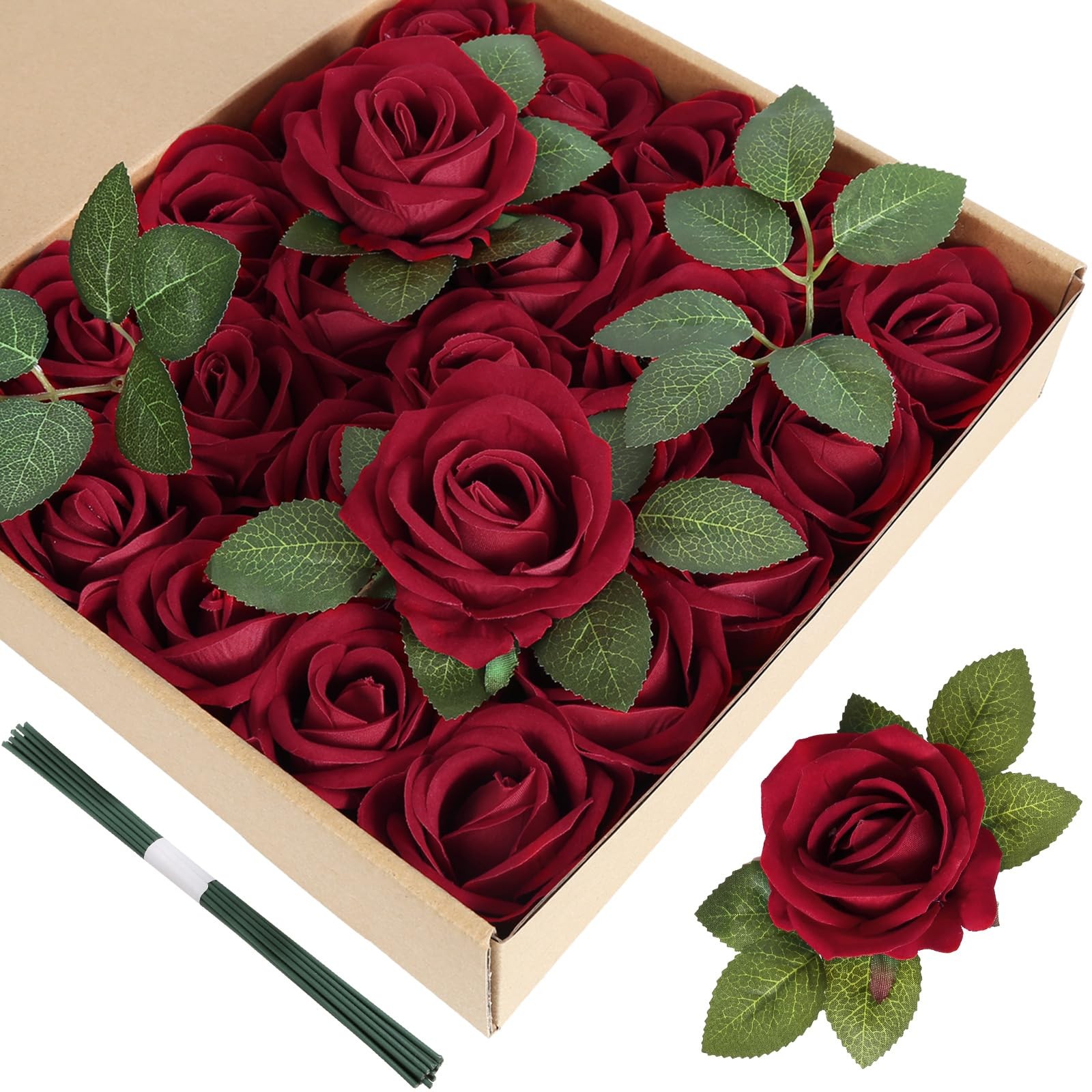 Red Artificial Roses 25 PCS Velvet Roses Artificial Flowers Real Look Silk Fl…