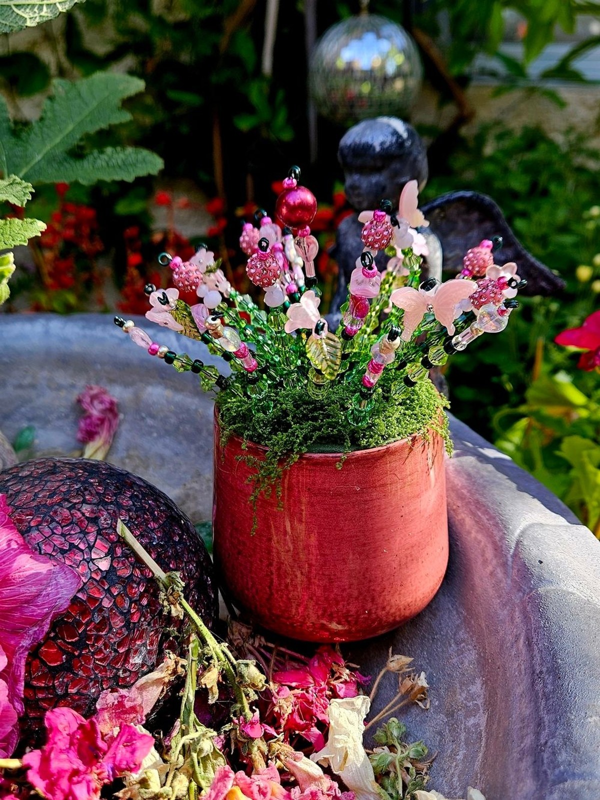 Pink Beaded Floral Accent Pot – Decorative Home Accent
