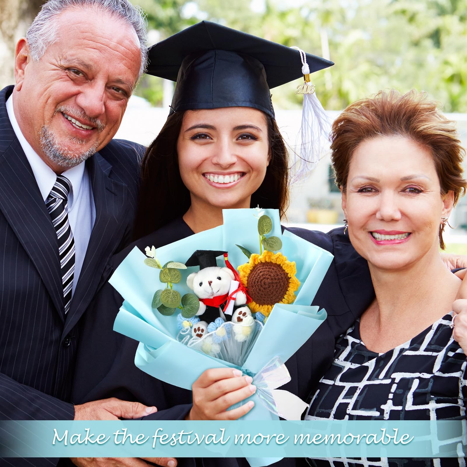 Graduation Crochet Flower Bouquet Set Includes Stuffed Bear Knitted Sunflower…