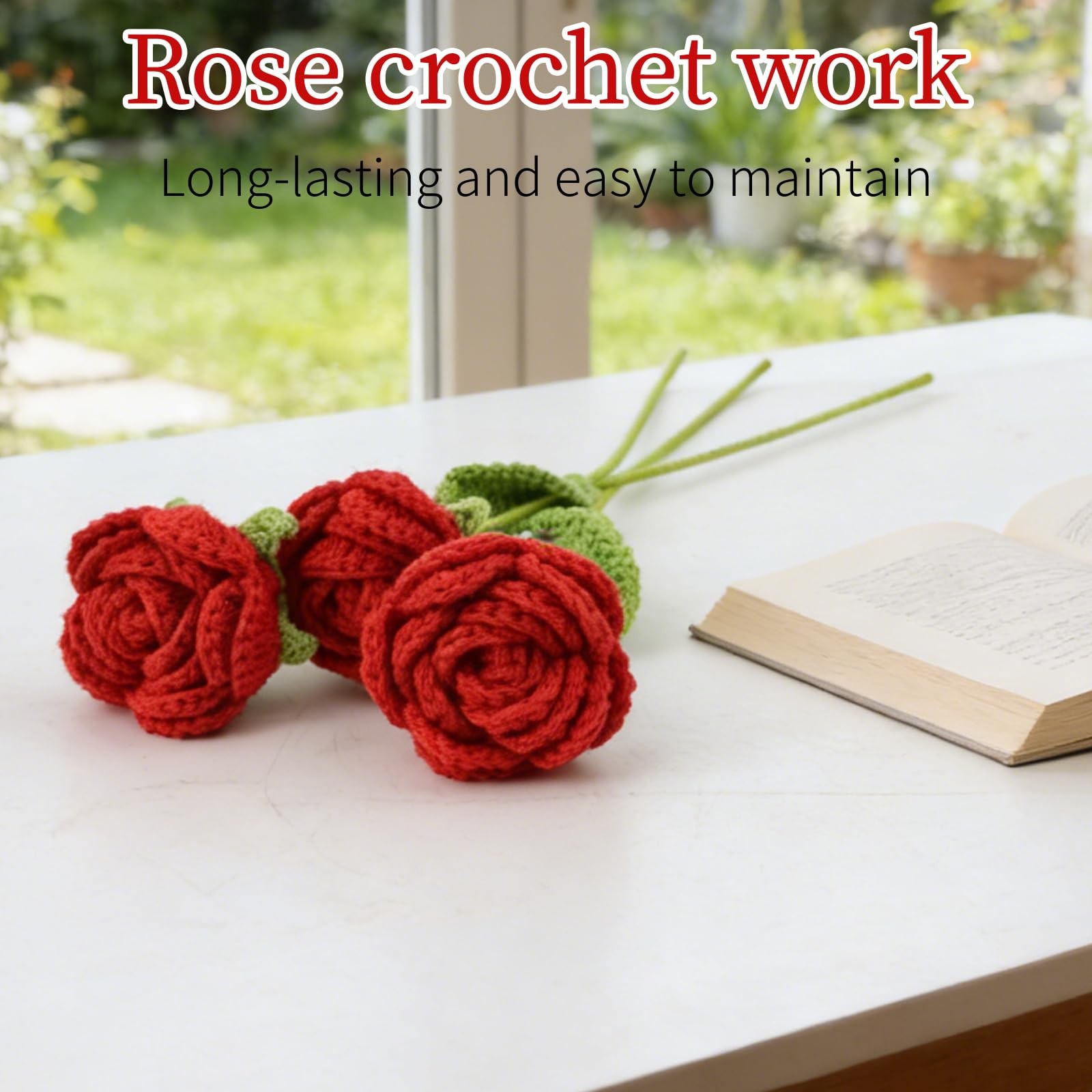 3 Pcs Handmade Crochet Rose Bouquet – Everlasting Floral Decor for Home Offic…