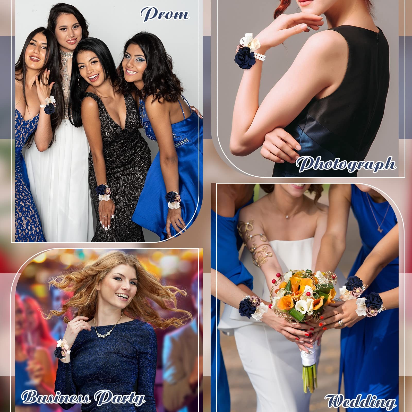 6 PCS Navy Blue Rose Wrist Corsage, Pearl Bead Wristband for Wedding, Prom