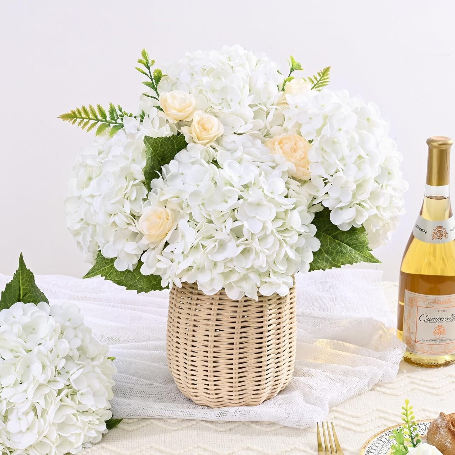Real Touch Hydrangea Artificial Flowers, White, 6 Pcs