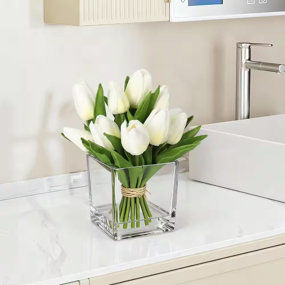 7.4 In. Real Touch White Artificial Tulip Arrangement in Clear Glass Vase, Indoo