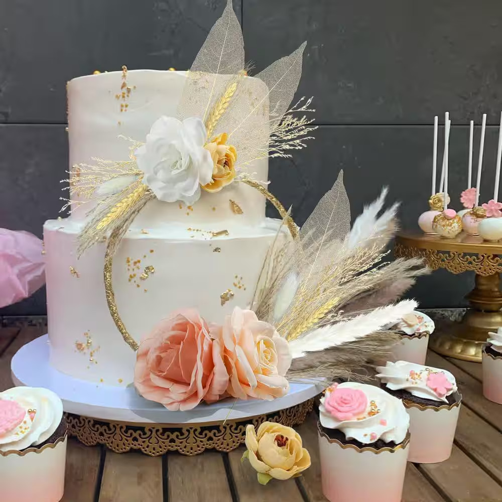 1 In. 22-Pieces Artificial Plant White Boho Cake Topper Dried Pampas Grass Rose