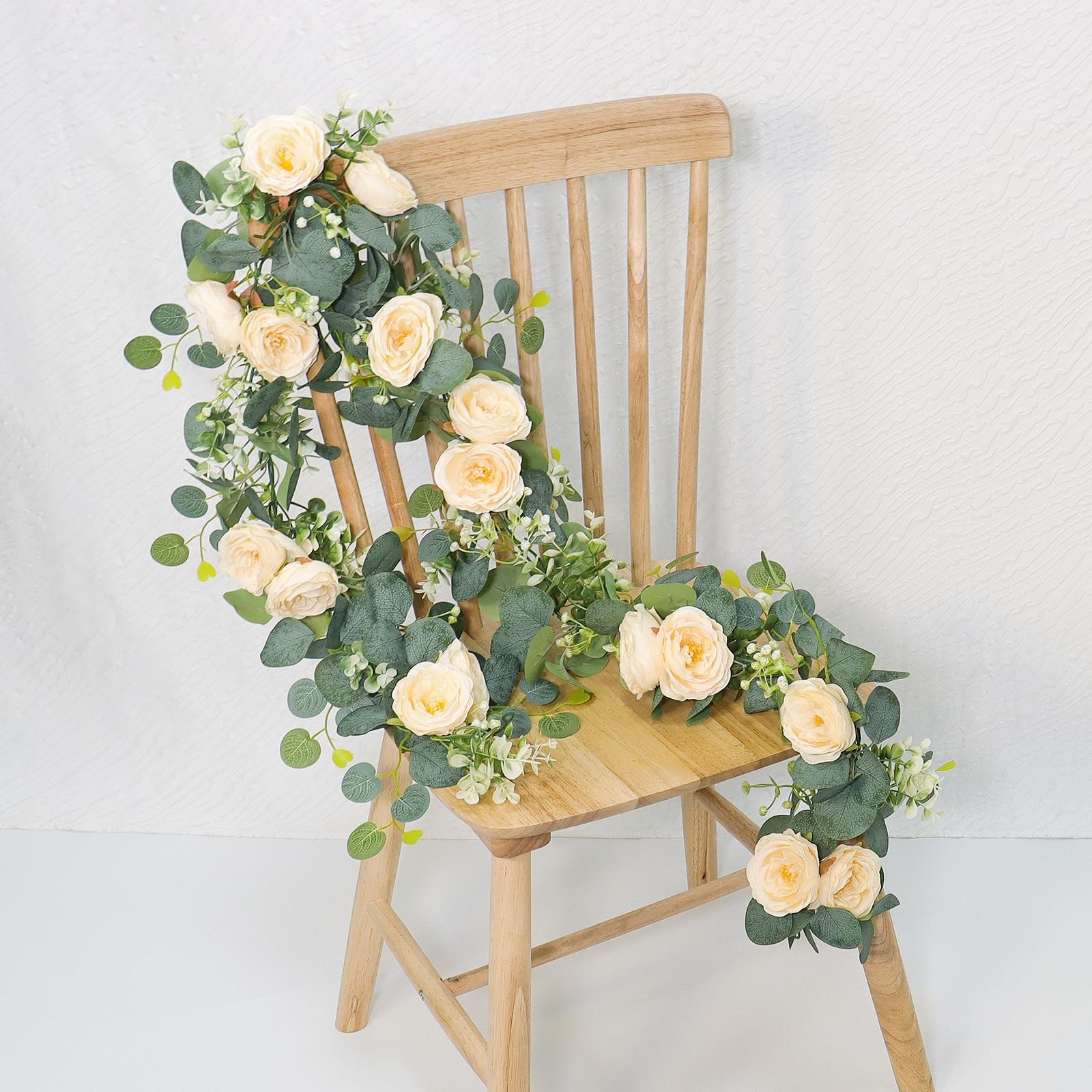 4 Pack 24Ft Artificial Eucalyptus Flower Garland with Champagne Roses, Fake R…