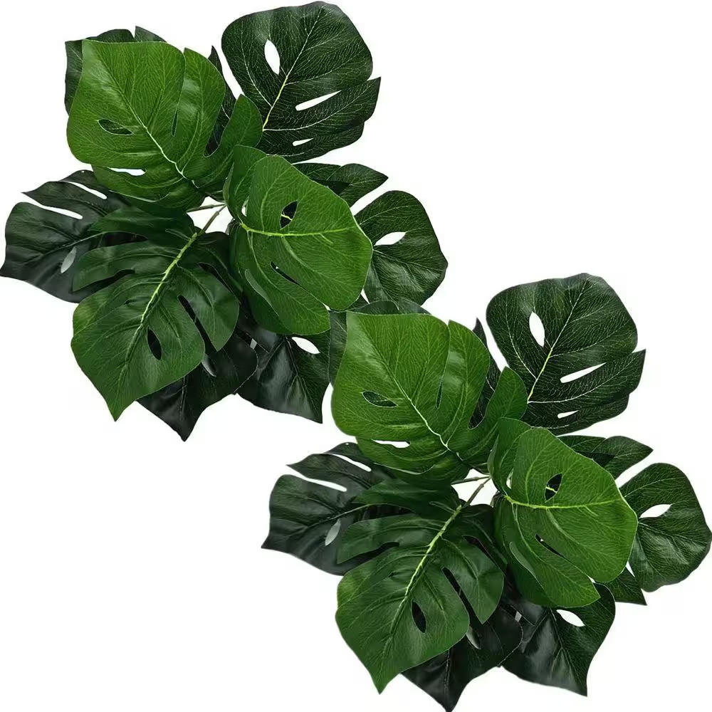 12 In. Artificial Green Indoor/Outdoor Tropical Monstera Plant Faux Palm Leaves