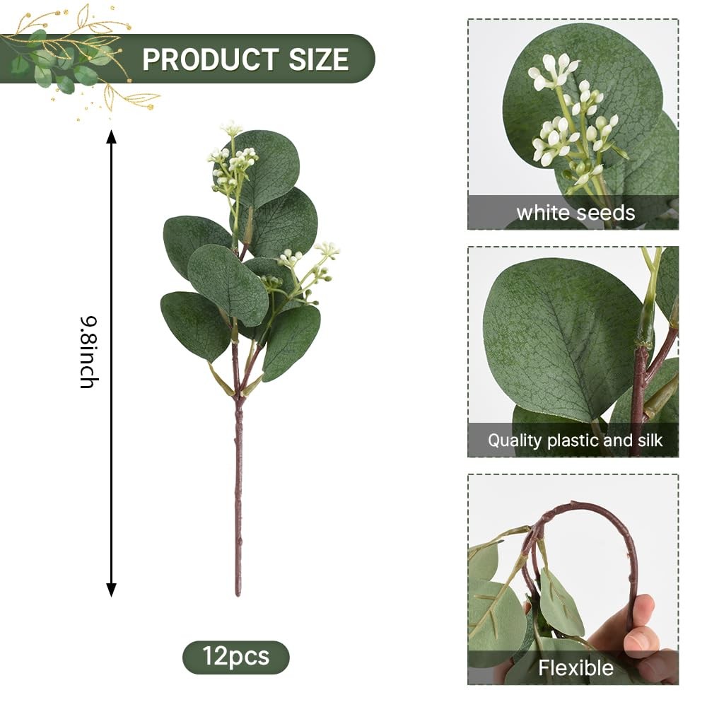 12pcs Mixed Artificial Eucalyptus Leaves Stems with White Seeds, White Flower…
