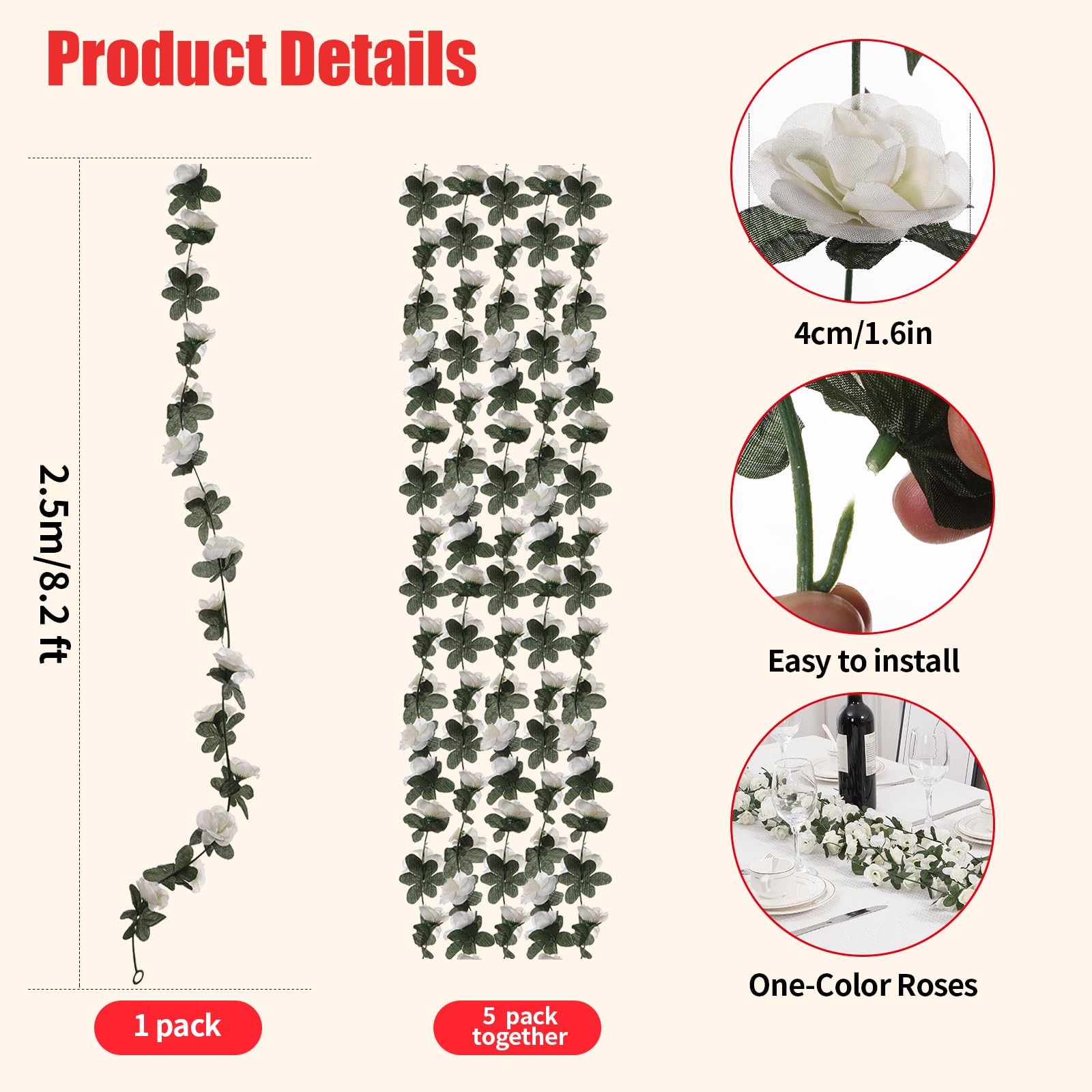 5 Pcs 41FT Flower Garland, Artificial Rose Garland Flowers Plants Fake Flower…
