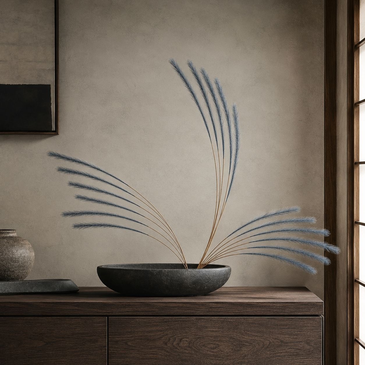 Slate Blue Faux Pampas Grass Stems, 16-Piece 31-Inch Wispy Synthetic Floor Vase