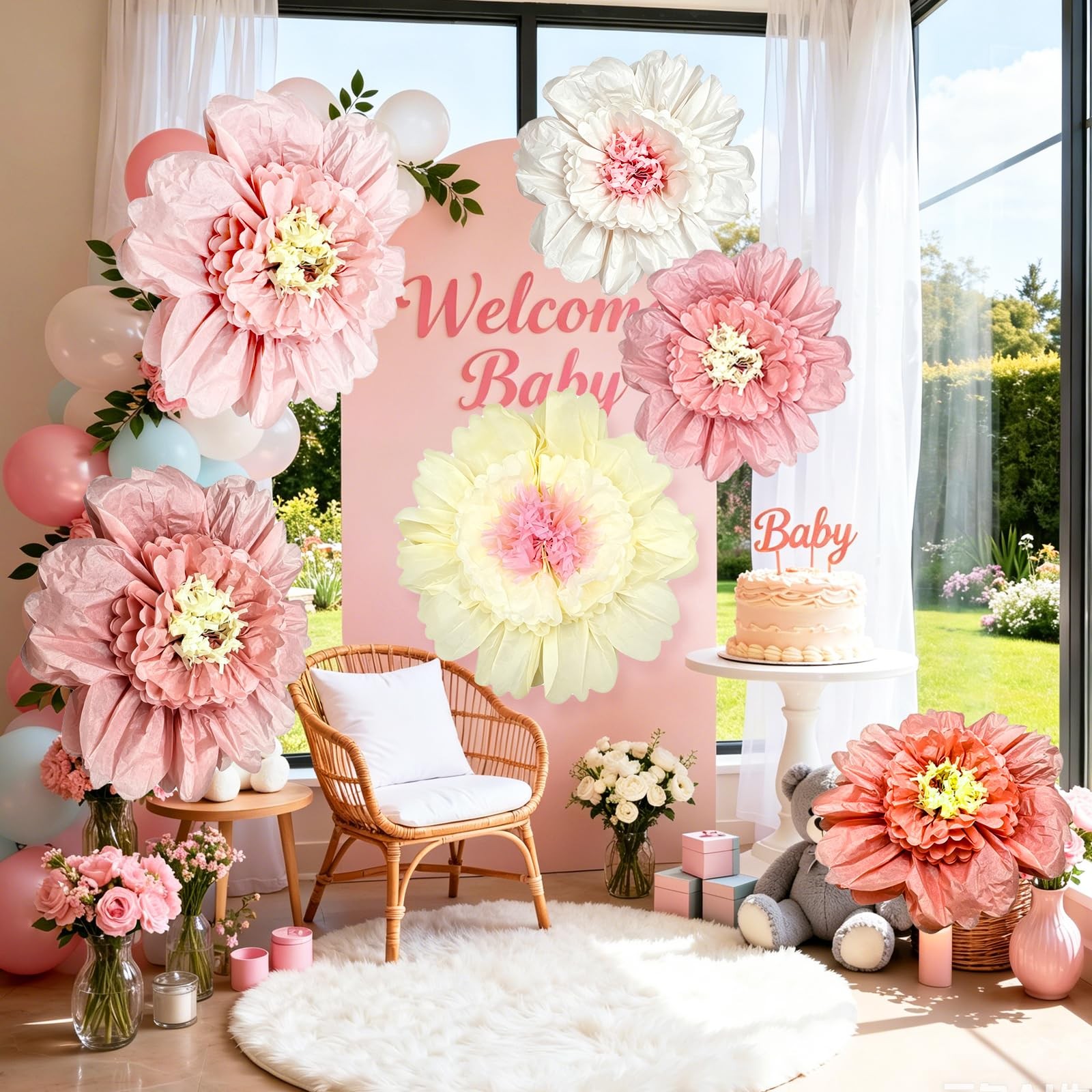 6 Pcs 31.5″ & 23.6″ Pink Giant Tissue Flowers, Boho Large Pom Pom Wall Decor …