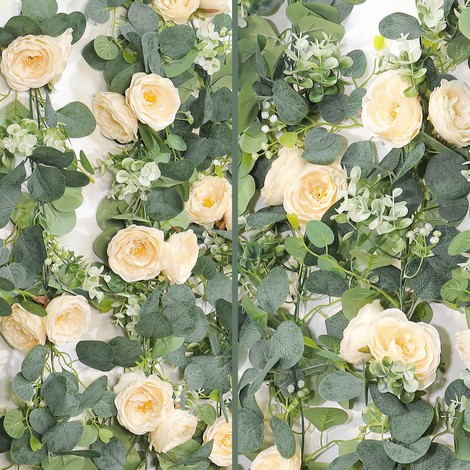 4 Pack 24Ft Artificial Eucalyptus Flower Garland with Champagne Roses, Fake R…