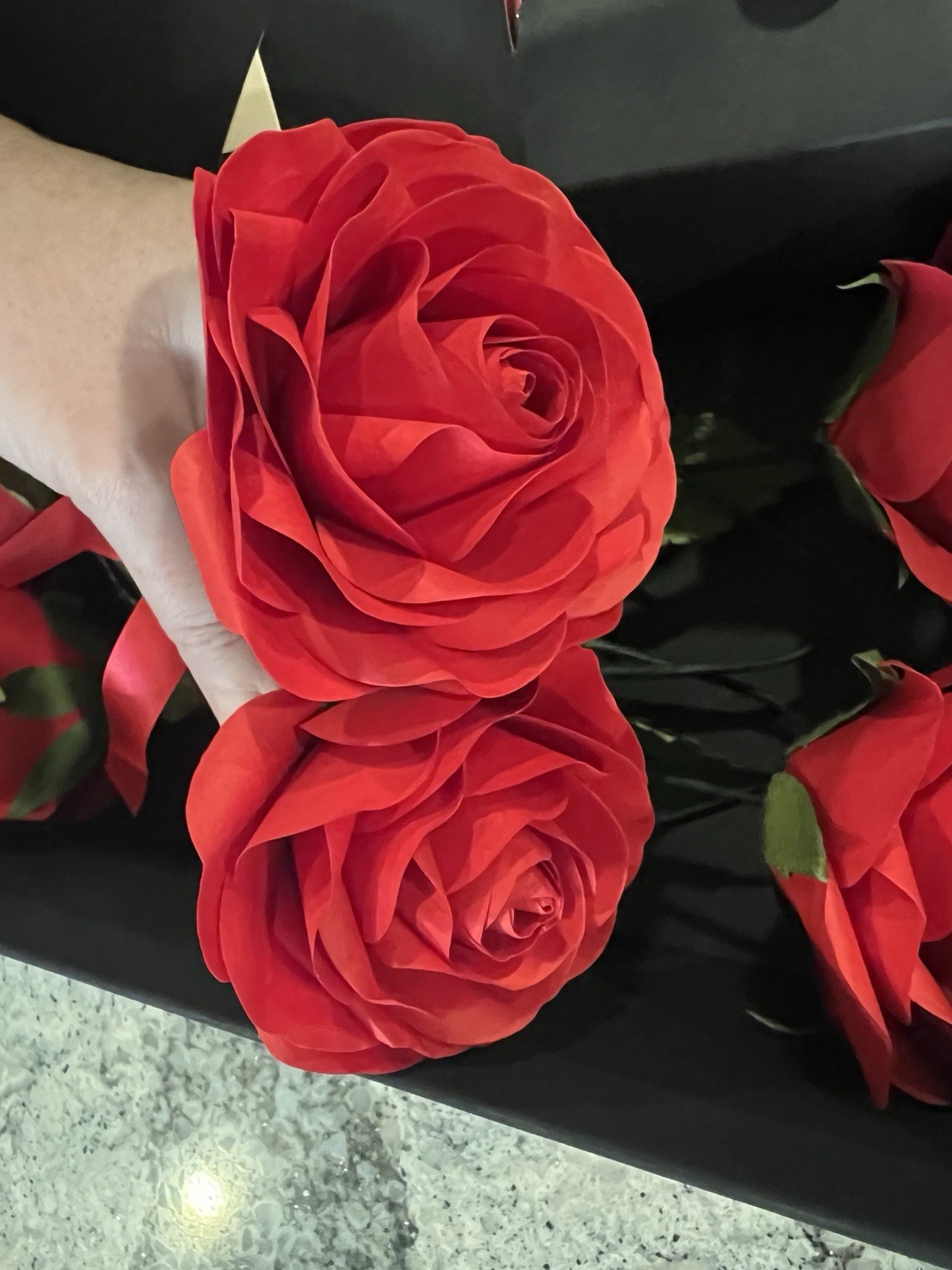 Paper Red Roses with Glass Vase and Rose Oil – 6 Long Stem Roses -Handmade Roses