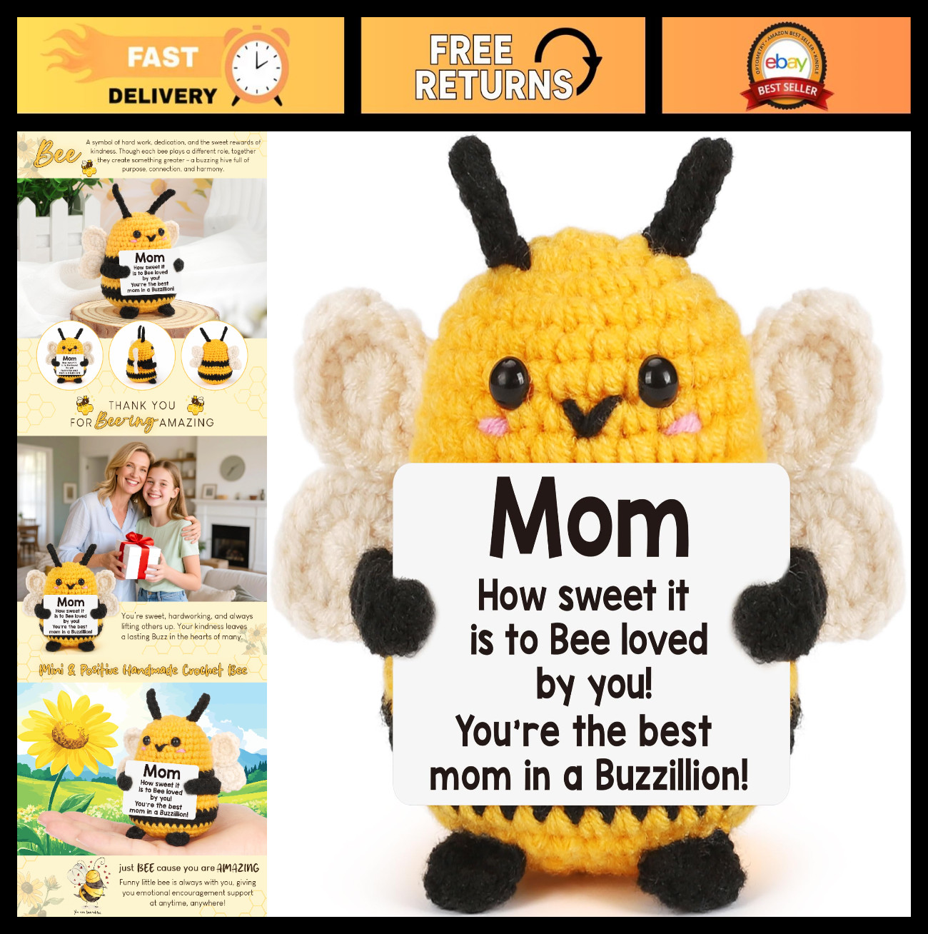 Unique Gifts for Mom – Crochet Bee Positive, Birthday Gift for Women, Handmade P