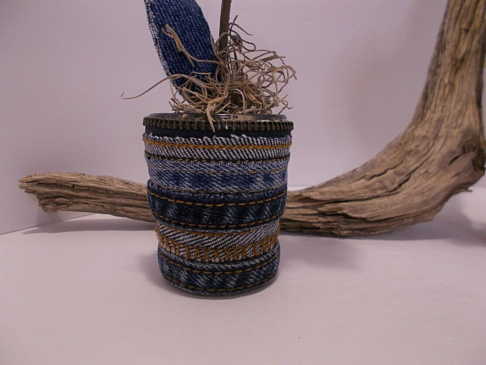 Fabric and Denim Sunflowers in Tiny Denim and Zipper Vases Set of 2 Handcrafted
