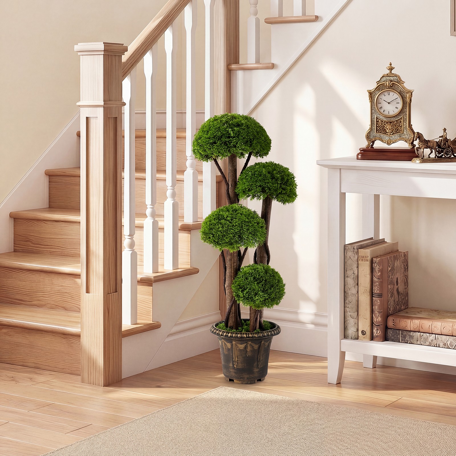 2PCS Artificial Cypress Topiary Ball Tree w/Retro Cement-filled Planter, Vines