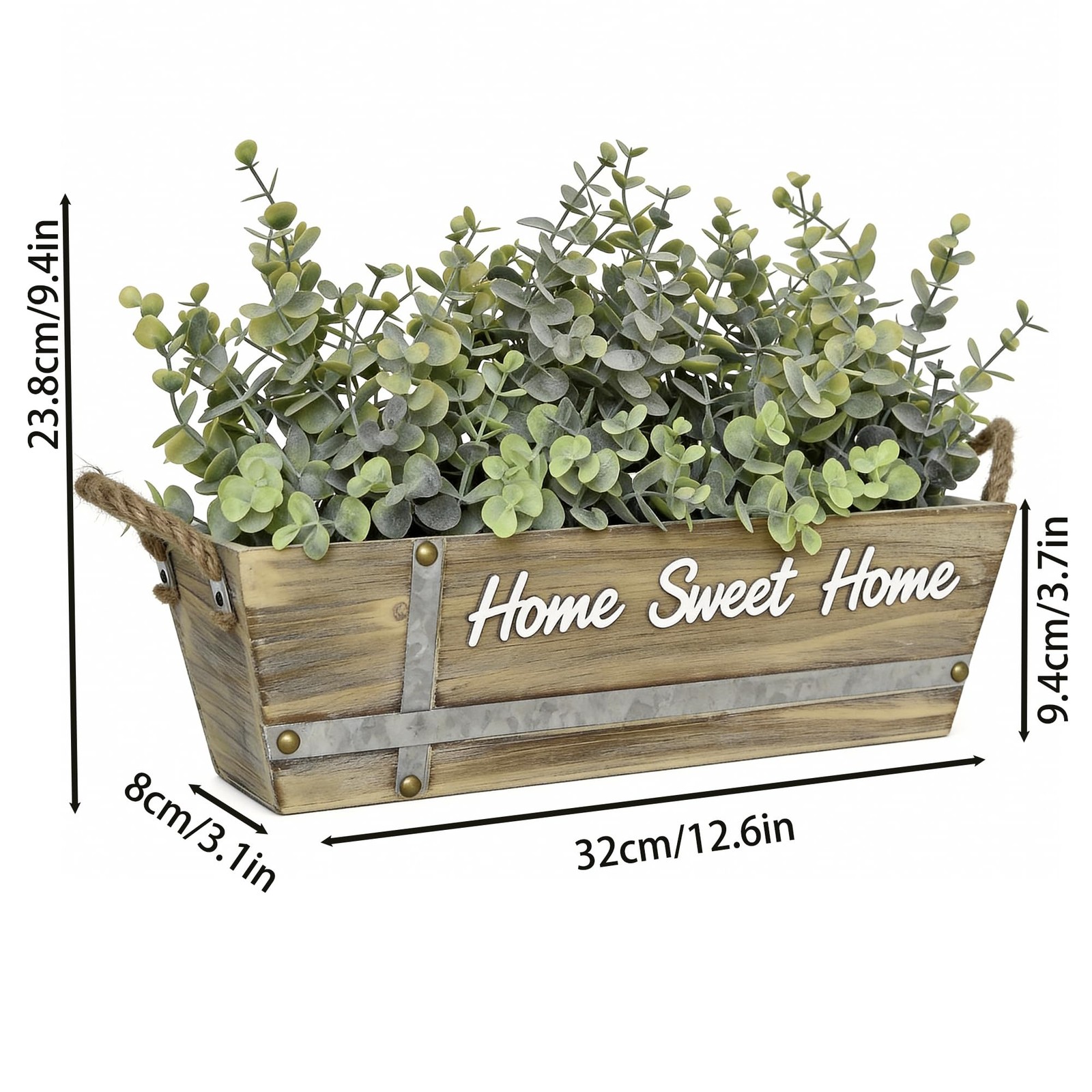 Wood Box Artificial Eucalyptus Centerpiece Home Sweet Home Sign Jute Handles