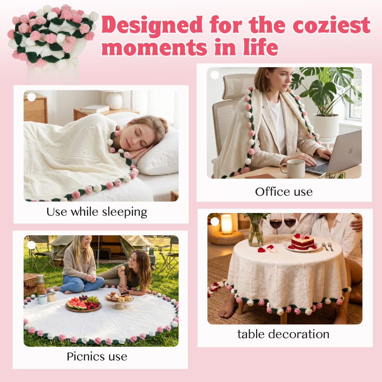 43-Inch Hand-Crocheted Rose Flower Bouquet Blanket – Romantic Gift for Home Deco