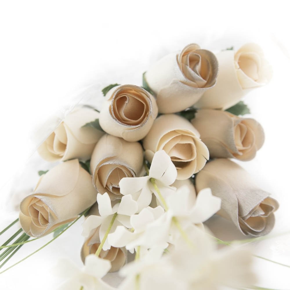 Wooden Rose Bouquet Silver & White Closed Bud Fits 25th Anniversary 12 PCS