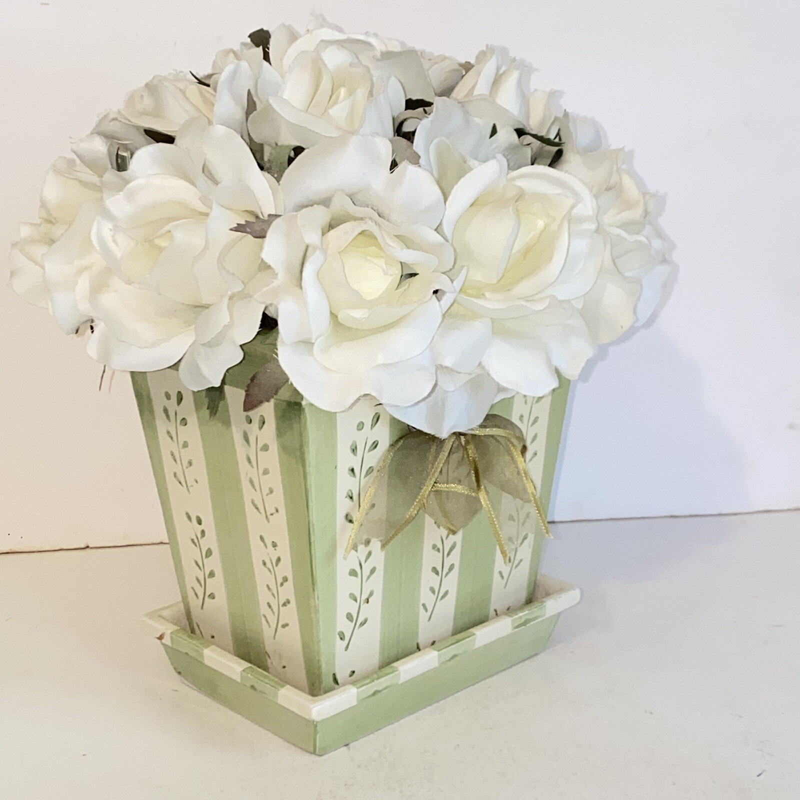 White Rose Floral Arrangement in Green & White Ceramic Holder Vase Planter