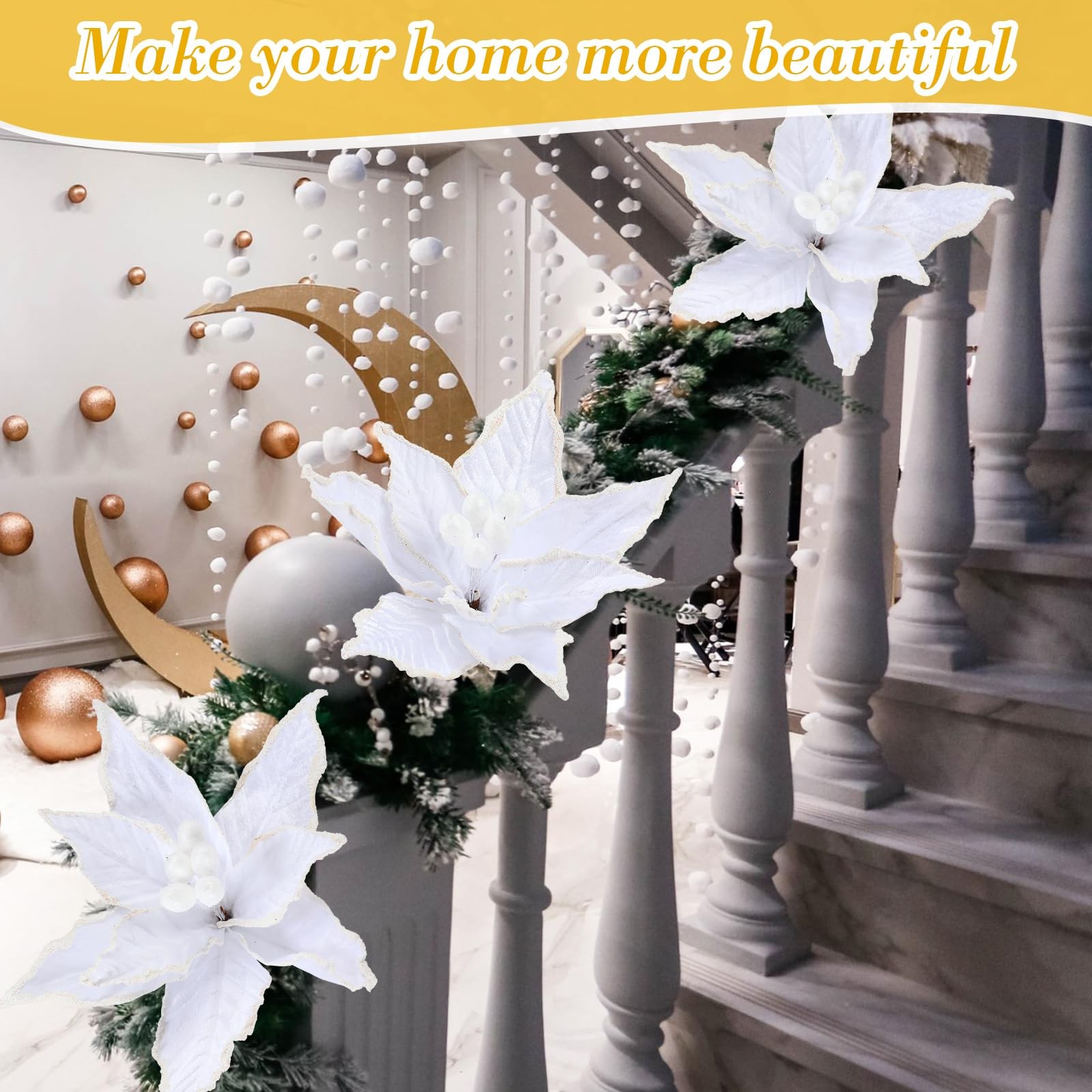 6 PCS White Christmas Poinsettia Flowers Artificial Large Picks Faux Frost Tree